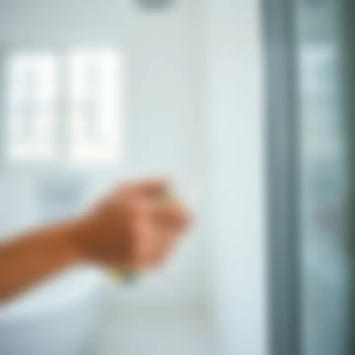 A person applying cleaning solution to shower seal