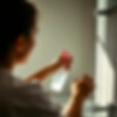 Person applying cleaning solution in the bathroom