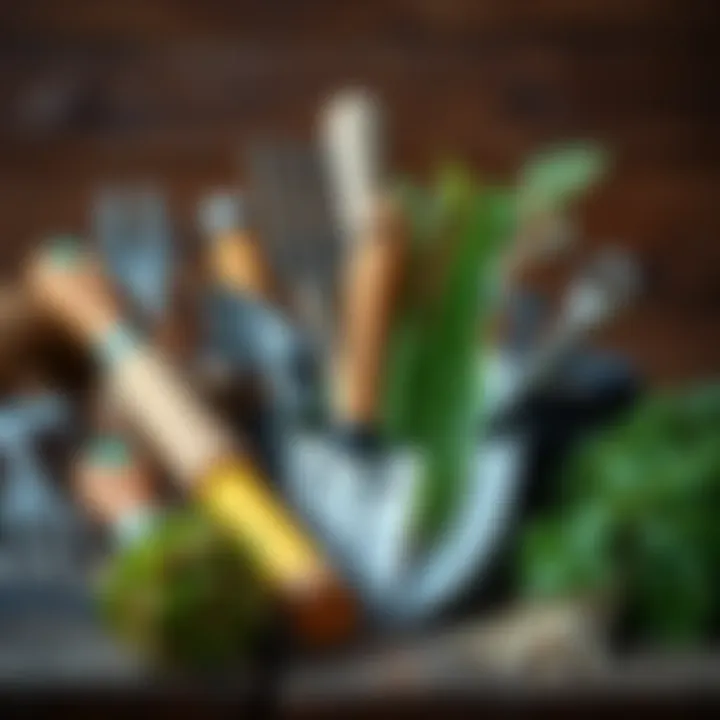 Diverse garden tools arranged artistically on a wooden table