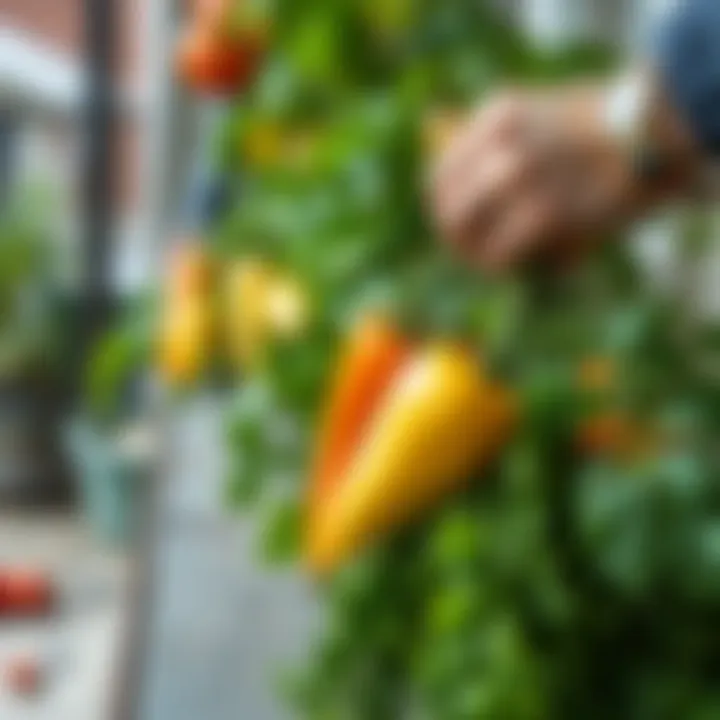 A close-up of fresh vegetables being harvested from a balcony garden.