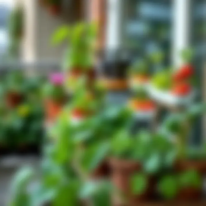 A lush balcony garden with various vegetables thriving in containers.