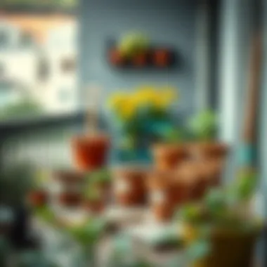 An organized balcony with labeled pots and gardening tools ready for use.