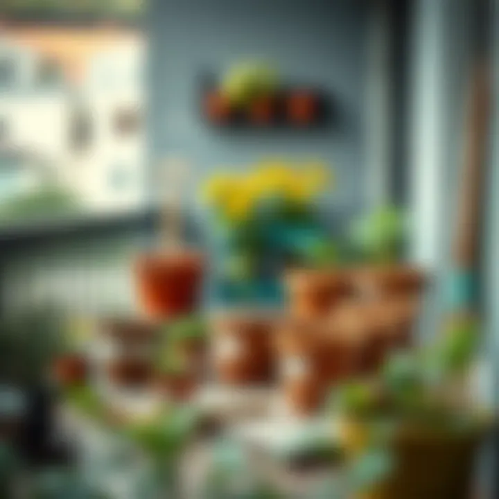 An organized balcony with labeled pots and gardening tools ready for use.