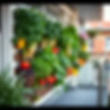 Herbs and colorful vegetables in vertical planters on a modern balcony.