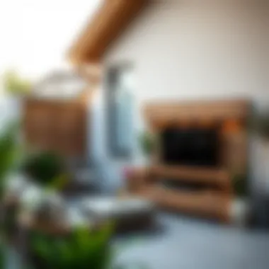 Stylish outdoor setting with a TV unit integrating natural materials