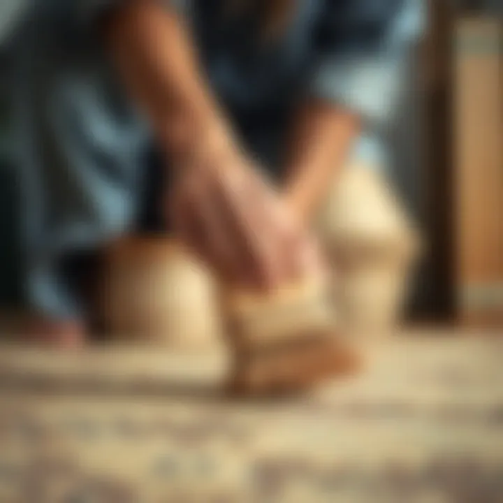 Person gently brushing a bamboo rug