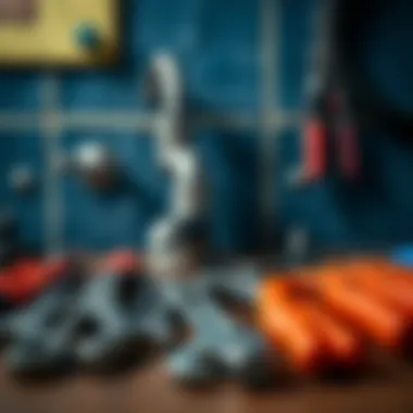 Tools laid out for faucet installation including wrenches and pliers