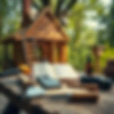 A list of essential tools and materials for building a treehouse on a wooden table