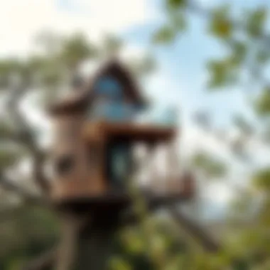 A stunning view of a completed treehouse, showcasing its intricate design and surroundings