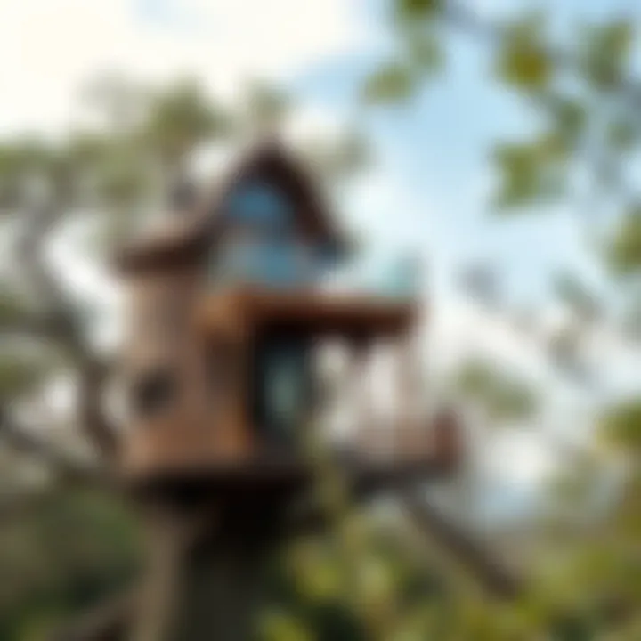 A stunning view of a completed treehouse, showcasing its intricate design and surroundings