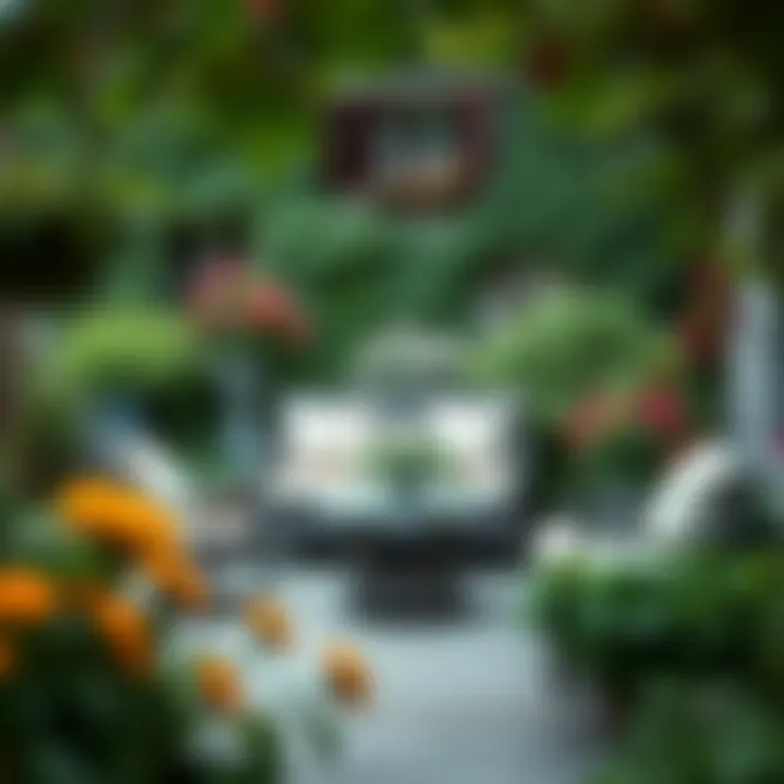 A serene seating area surrounded by greenery and flowers