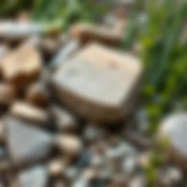 Close-up of sustainable garden materials like stones and wood