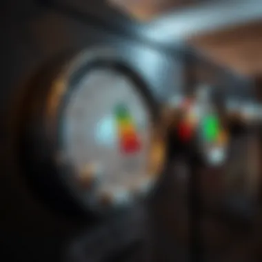 A close-up of energy efficiency ratings on various appliances