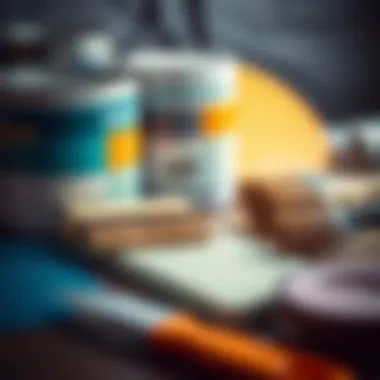 Close-up of paint materials and tools used in building painting