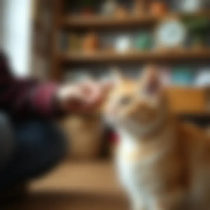 Owner training a cat with positive reinforcement