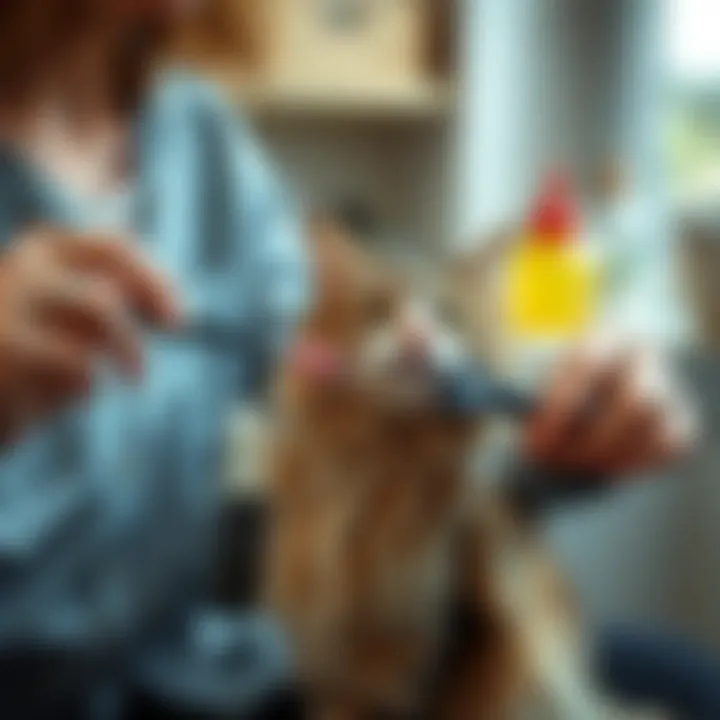 Grooming a Cat to Reduce Shedding A pet owner brushing a cat with a grooming tool.