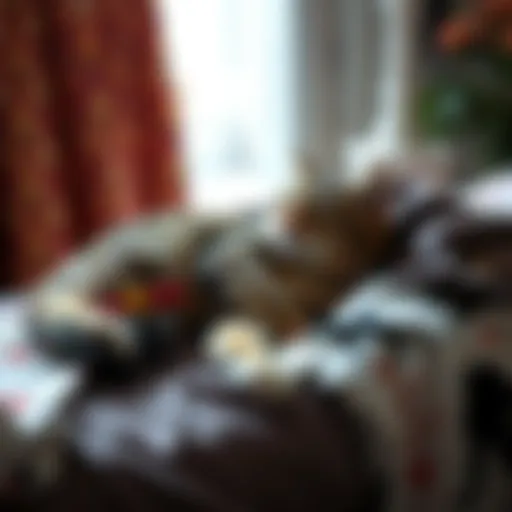 Cat Relaxing on Fashionable Clothing A cat lounging on a stylish outfit.