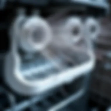 Illustration showing dishwasher spray arms in focus with water droplets.