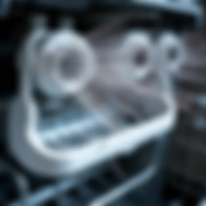 Illustration showing dishwasher spray arms in focus with water droplets.