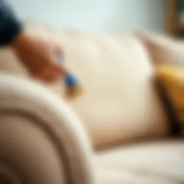 Close-up of a fabric sofa being cleaned with a brush