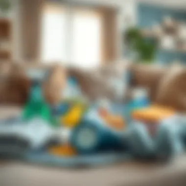 Cleaning supplies spread out on a couch