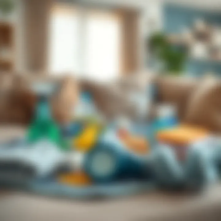 Cleaning supplies spread out on a couch