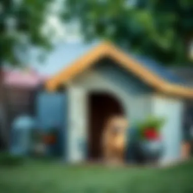 A finished dog house in a backyard setting