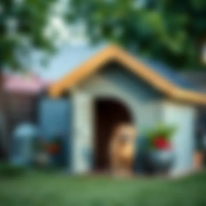 A finished dog house in a backyard setting