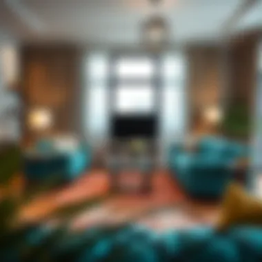 Contemporary living room with turquoise sofas and patterned rugs