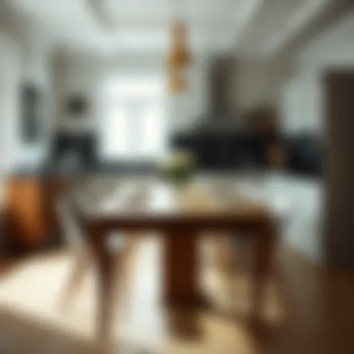 Elegant narrow dining table in a cozy kitchen setting.