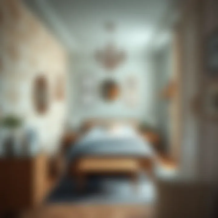 A beautifully decorated narrow bedroom featuring unique color schemes