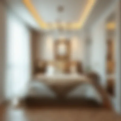 Elegant narrow bedroom showcasing optimal space usage with decorative elements