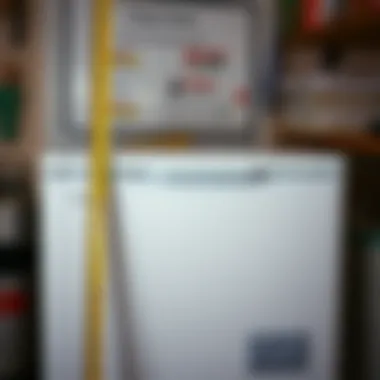 A measuring tape next to a deep freezer to show capacity