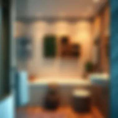 Creative use of open space in a bath area, showcasing stylish storage solutions and decor.