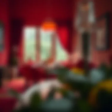 Vibrant dining area with striking red accents