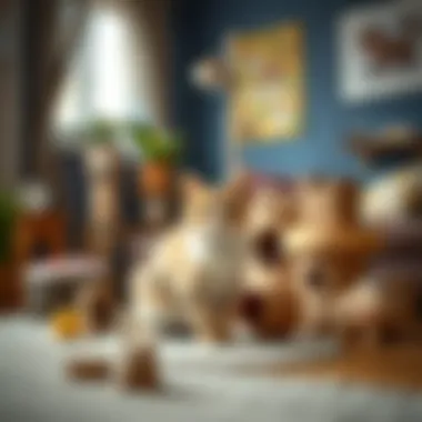 Illustration of environmental enrichment for cats with toys and climbing structures