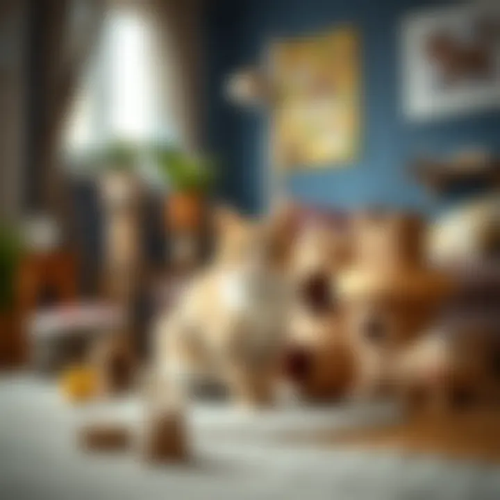 Illustration of environmental enrichment for cats with toys and climbing structures