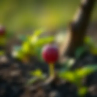 Plum seedling emerging from the ground