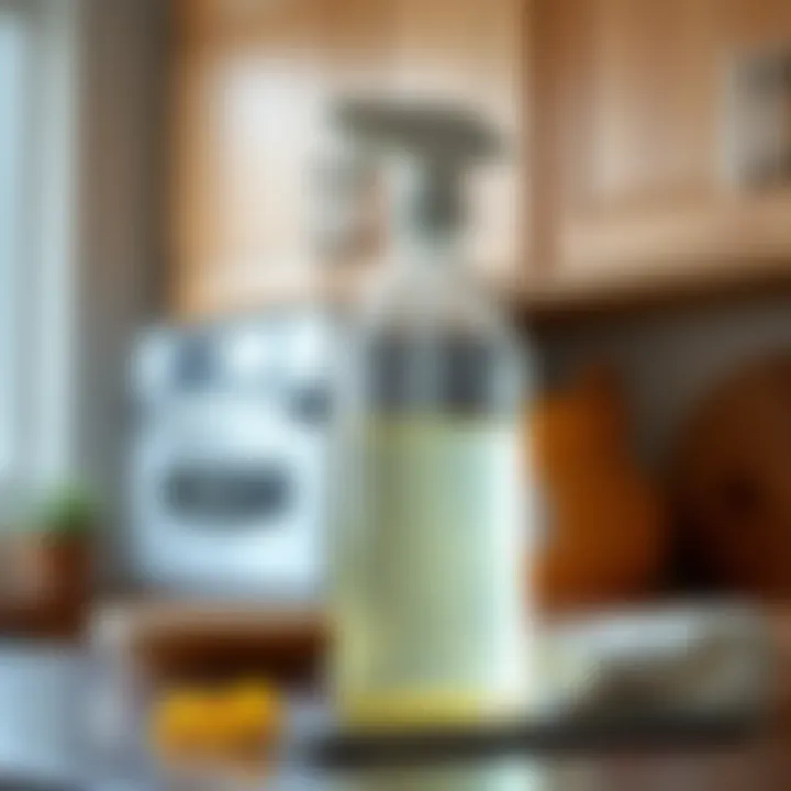 Homemade cleaning solution in a spray bottle next to kitchen cabinets