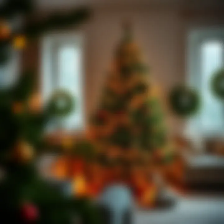 Cozy living space with a beautifully decorated pine tree