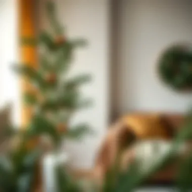 Elegant indoor pine tree decorated with natural elements