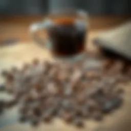 Aromatic coffee beans spread across a wooden surface
