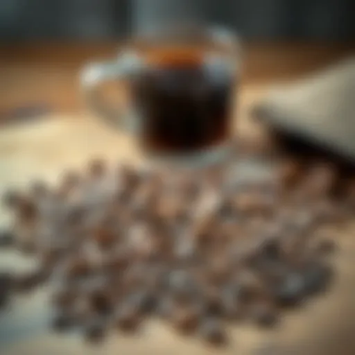 Aromatic coffee beans spread across a wooden surface