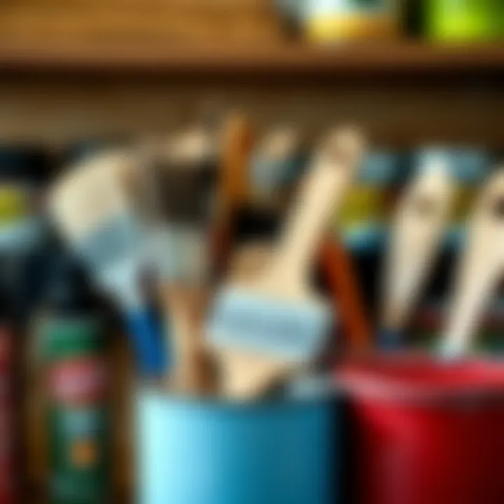 A selection of paint brushes and paint cans organized neatly