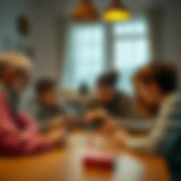 Family strategizing over a card game