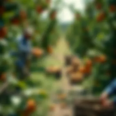 Harvesting Apricots in the Orchard Farmers harvesting apricots in a sunny orchard