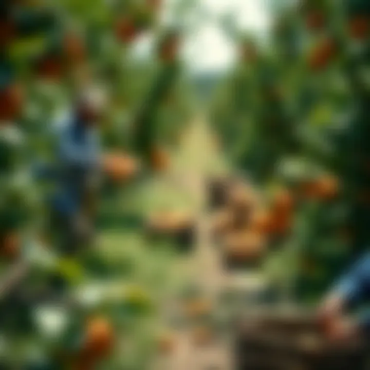 Harvesting Apricots in the Orchard Farmers harvesting apricots in a sunny orchard