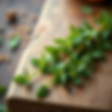 Dried mint leaves arranged aesthetically on a wooden surface