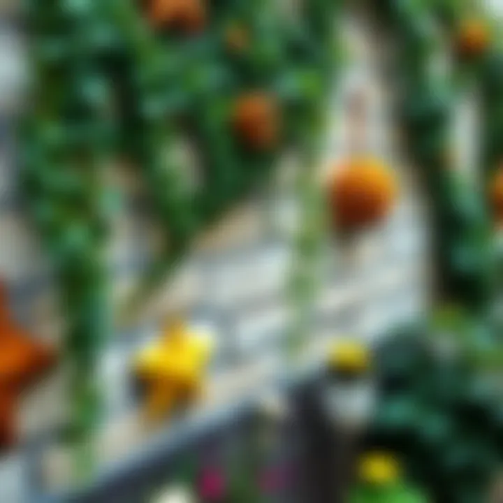 A beautifully adorned garden wall with climbing plants and artistic decorations