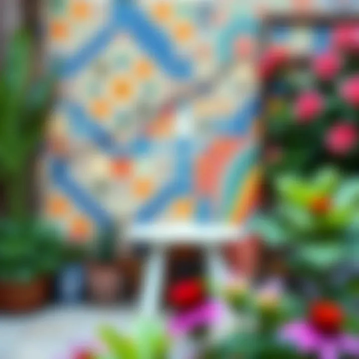Creative use of colorful tiles on a garden wall creating a vibrant atmosphere